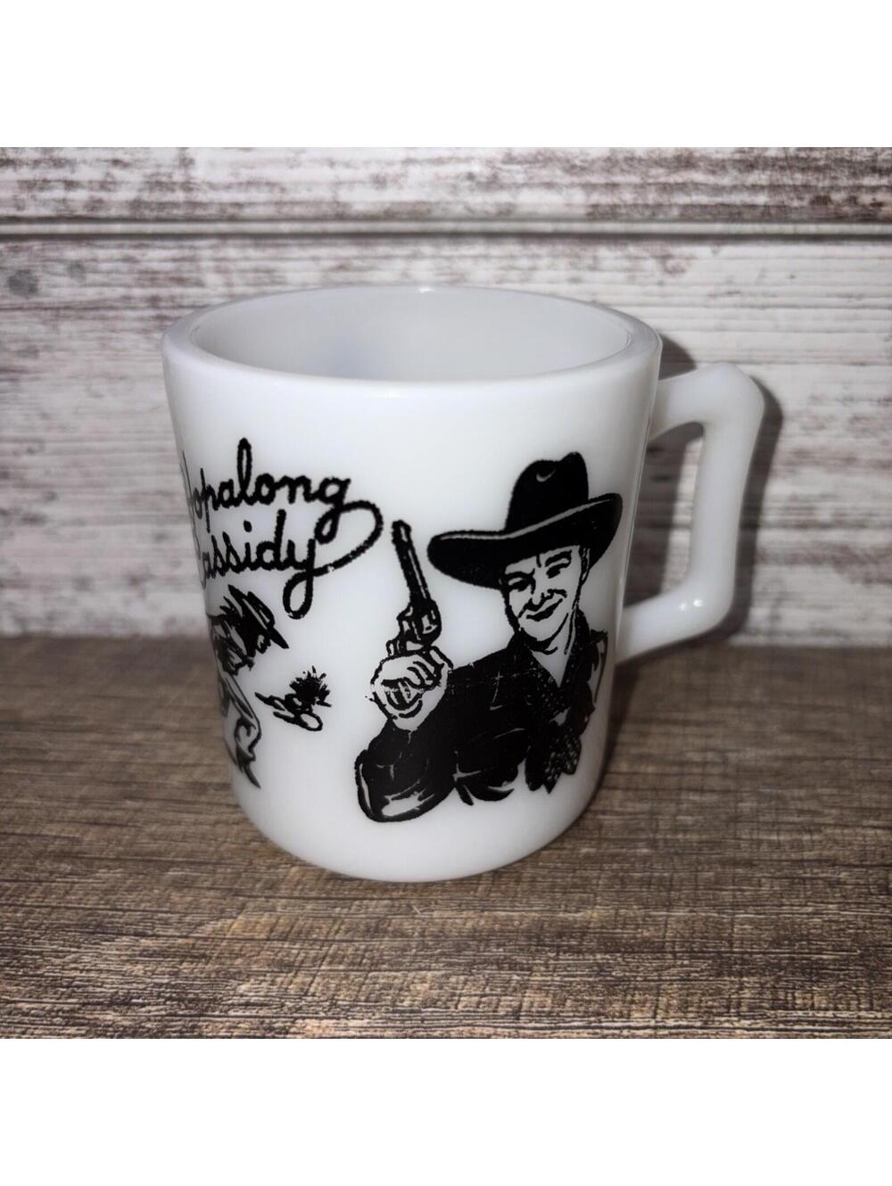 Vintage 1950’s Hopalong Cassidy White Milk Glass Cup Mug Western 8A Black